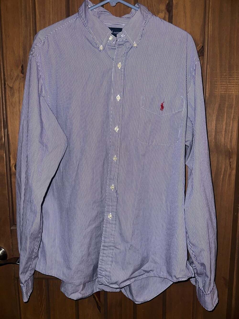 Ralph Lauren Custom Fit Blue and White Striped Long Sleeve Button Down Shirt Siz